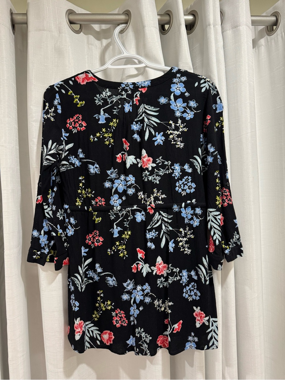 Women's Black Floral Midi Dress with Blue and Pink Blooms